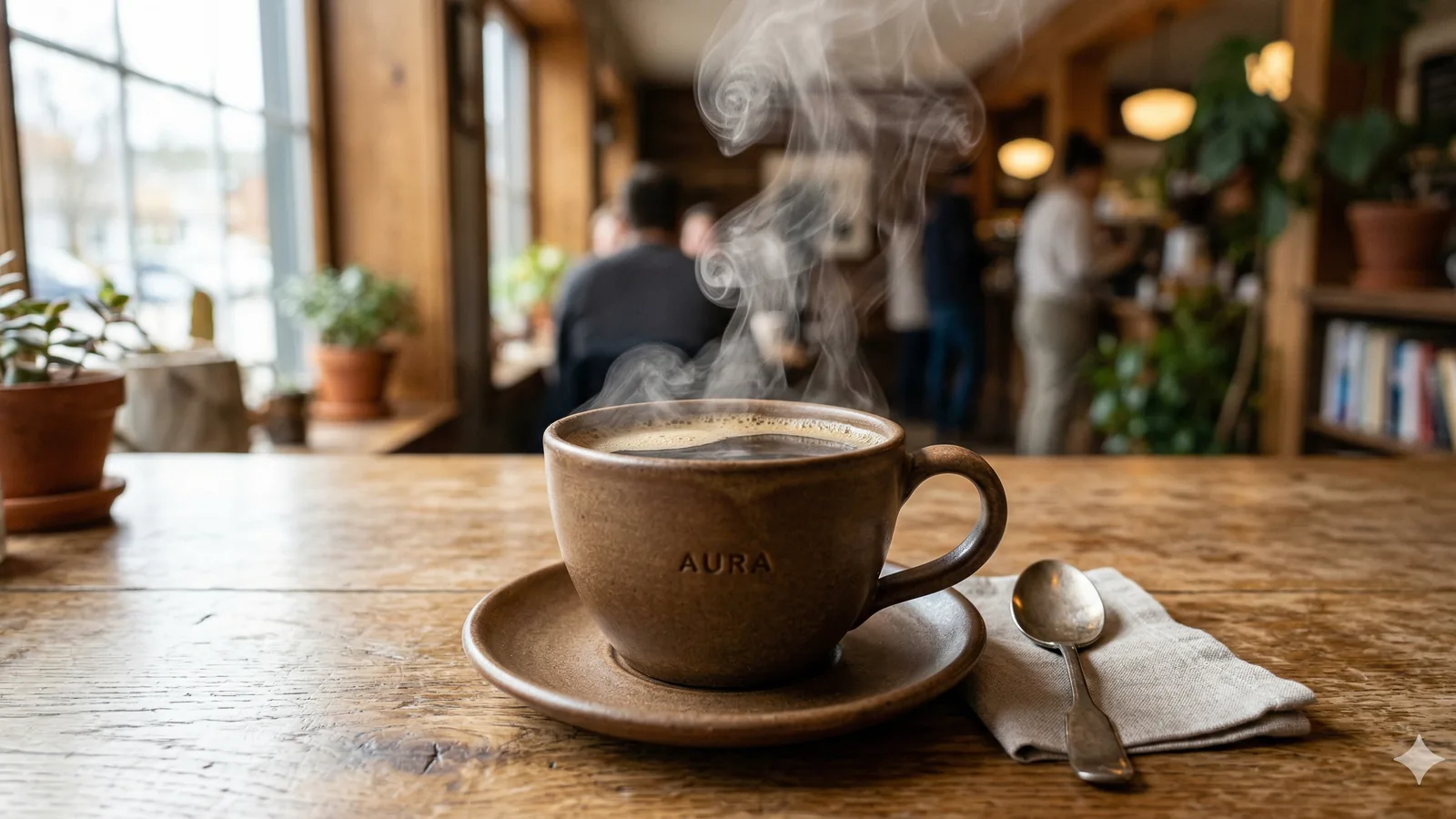 Чашка кофе на деревянном столе у окна